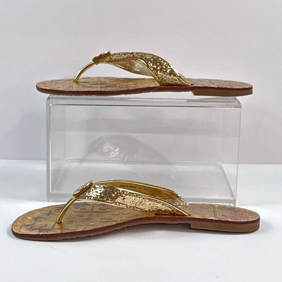 Tory Burch Thora Sandals Womens 6 Gold Glitter Thong Flip Flop Shoes Metallic - Picture 3 of 11